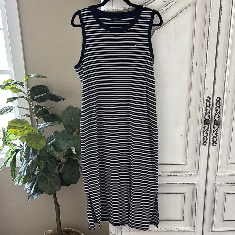 TOMMY HILFIGER Navy Blue Striped Sleeveless Midi Dress Women's Size XL